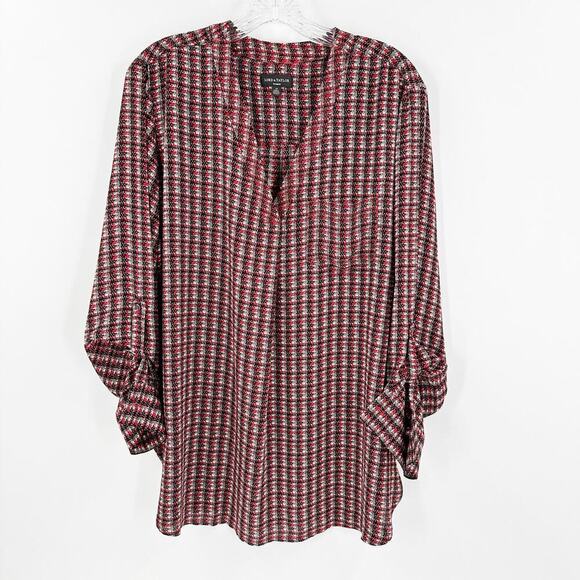Lord & Taylor Black Red Printed V-Neck Roll Tab Sleeve Career Tunic Top Size 0X - Picture 1 of 10